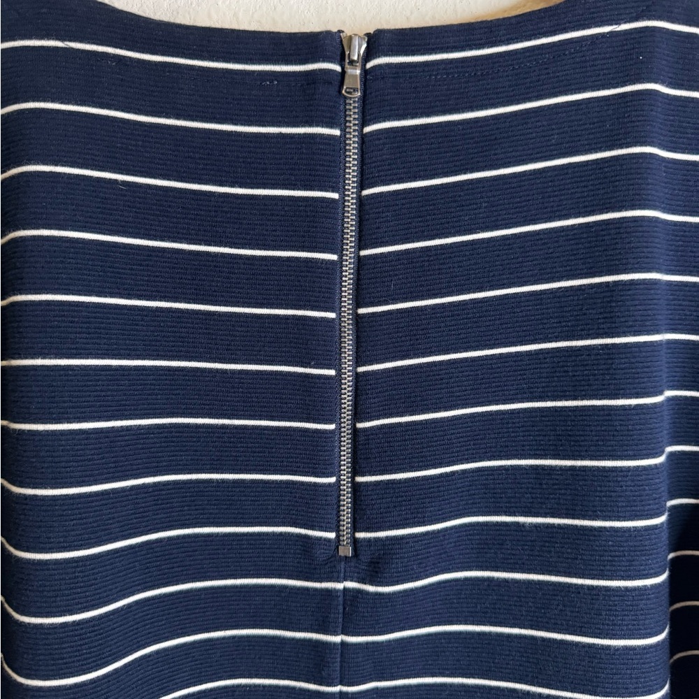 LOFT Large Blue and White Flutter Sleeve Sheath Dress - Picture 5 of 7